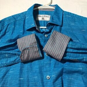 Robert Graham flip cuff linen cotton turquoise blue spread collar classic fit M